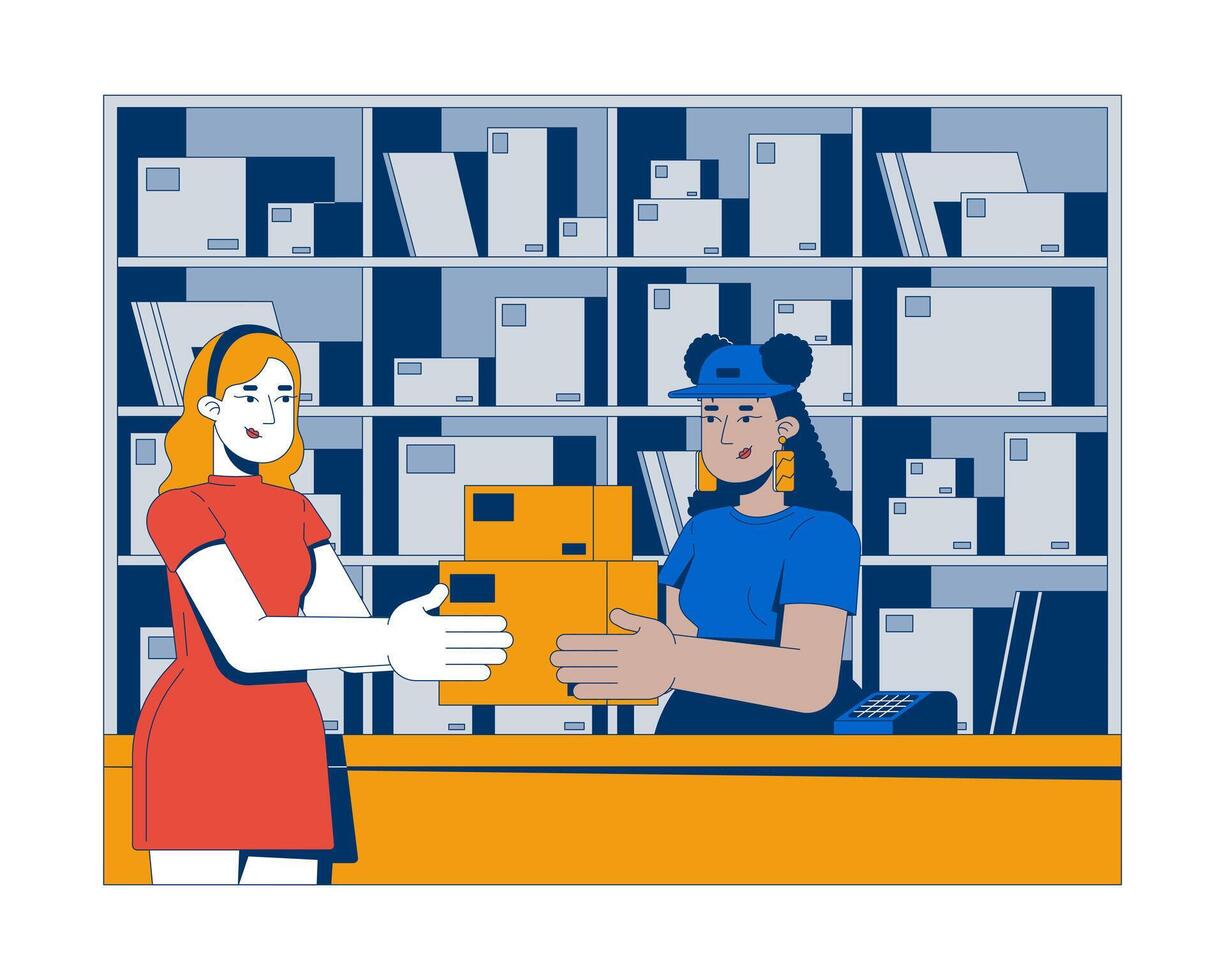 Customer receiving packages from postal worker at post-office 2D illustration. Government mail delivery. Postwoman client flat characters isolated on white background. Colorful cartoon image vector