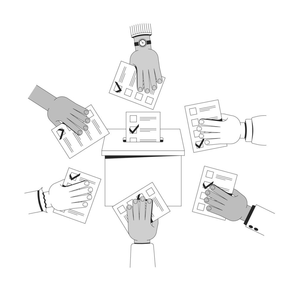 Collective voting for democracy line illustration concept. Democratic election. Diverse hands casting ballots into voting box outline 2D characters isolated. Ink linear drawing art vector