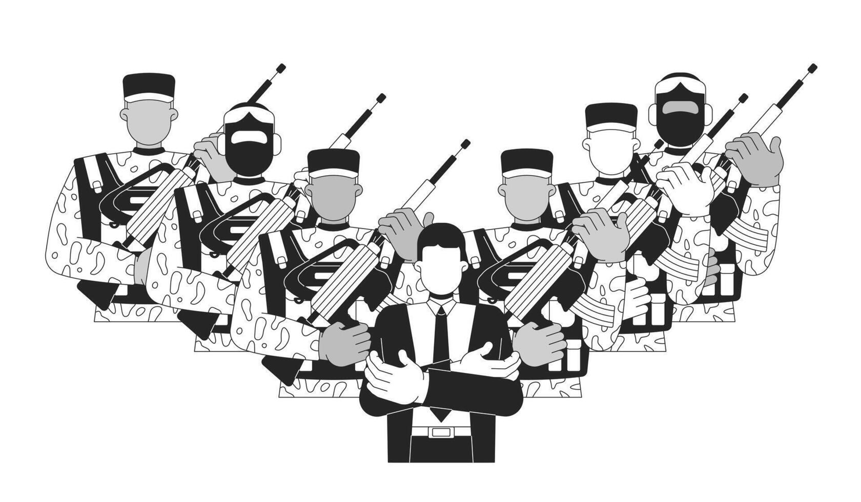 Military dictatorship and political control line illustration concept. Faceless politician dictator surrounded by armed soldiers outline 2D characters isolated. Ink linear drawing art vector