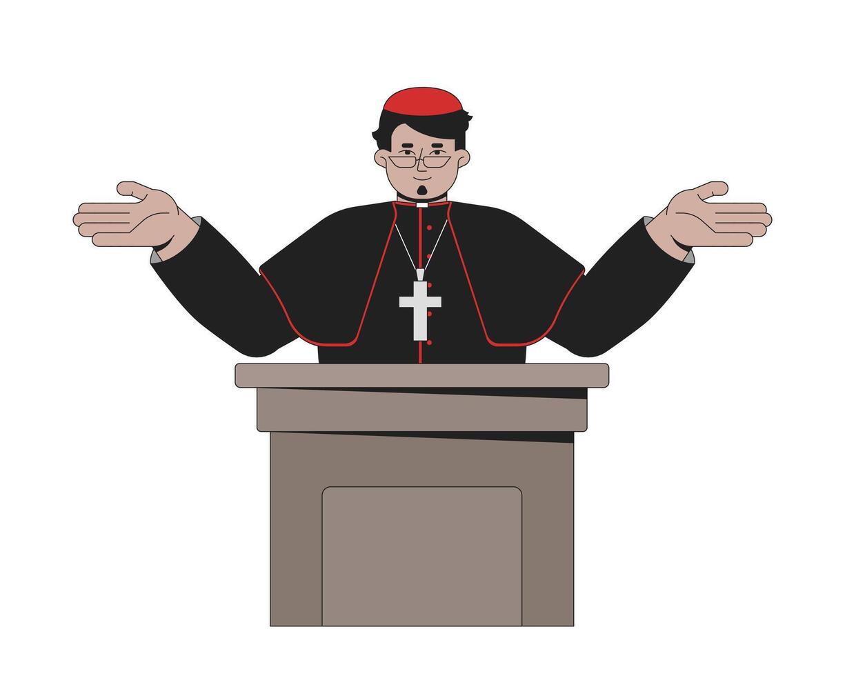 Catholic cardinal giving speech at podium 2D cartoon character. Male priest sermon. Religious leader wearing robes with cross flat person isolated on white. Spot illustration colorful vector
