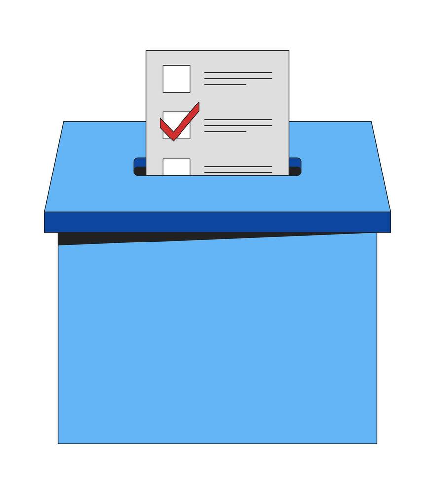 Voting sheet inserted into ballot box 2D cartoon object. Democratic election. Civic responsibility. Voter participation checkbox isolated element flat clip art on white. Spot illustration vector