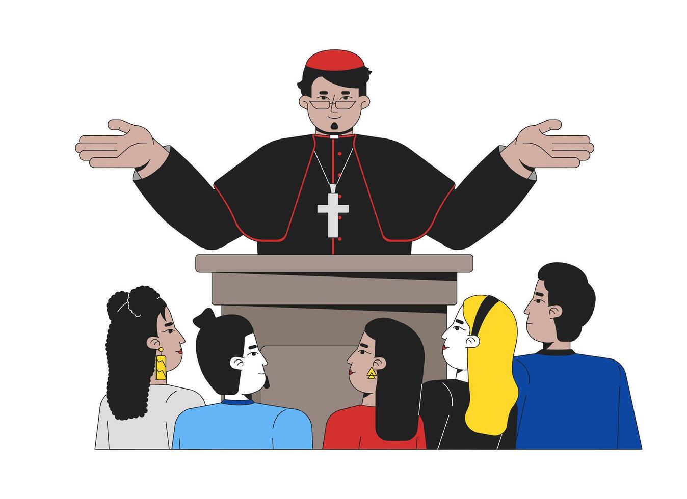 Theocracy and religious governance 2D illustration concept. Church power. Clergyman podium. Cardinal priest political sermon cartoon characters isolated on white. Flat abstract graphic vector