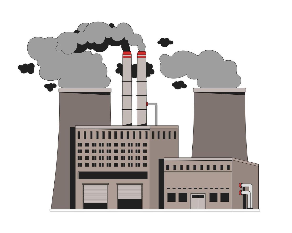 Industrial factory with smoke pollution 2D illustration. CO2 environment. Manufacturing plant with smokestacks carbon emissions flat scene isolated on white background. Colorful cartoon image vector