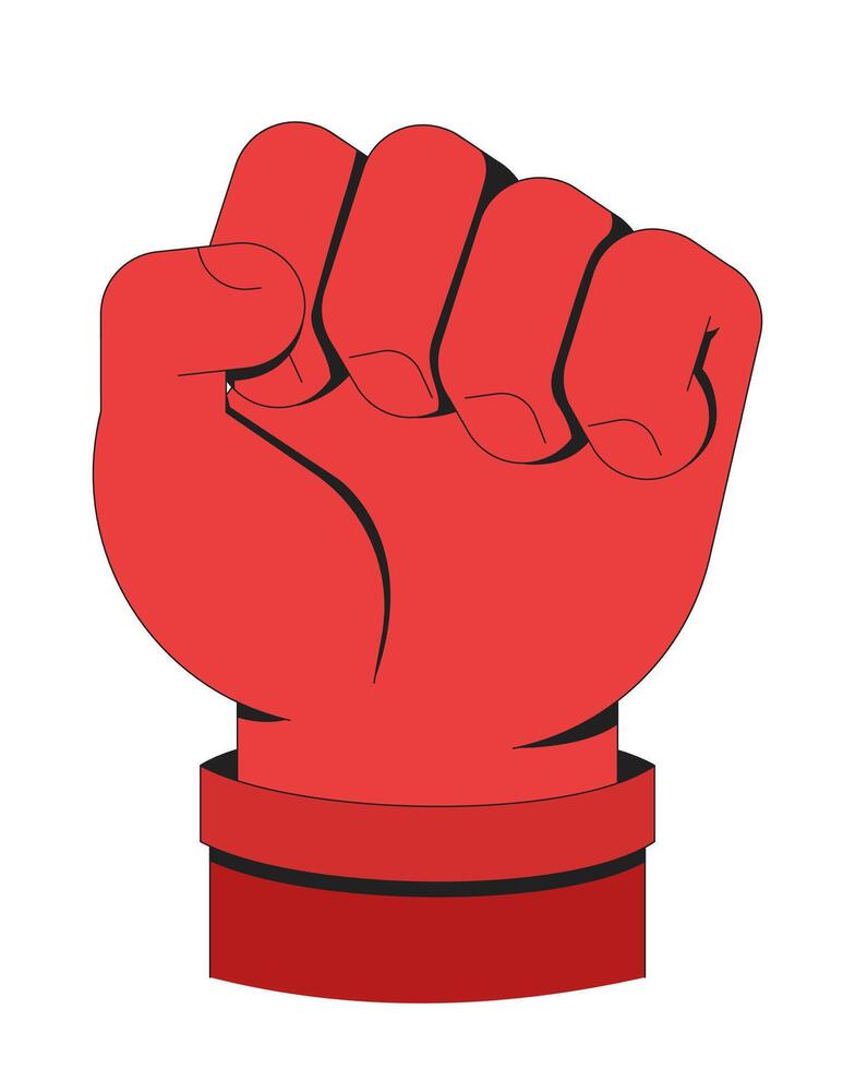 Raised red fist symbolizing power and protest illustration. Activism and revolution. Solidarity, resistance. Clenched fist 2D cartoon image isolated on white. Editable flat clipart colorful vector