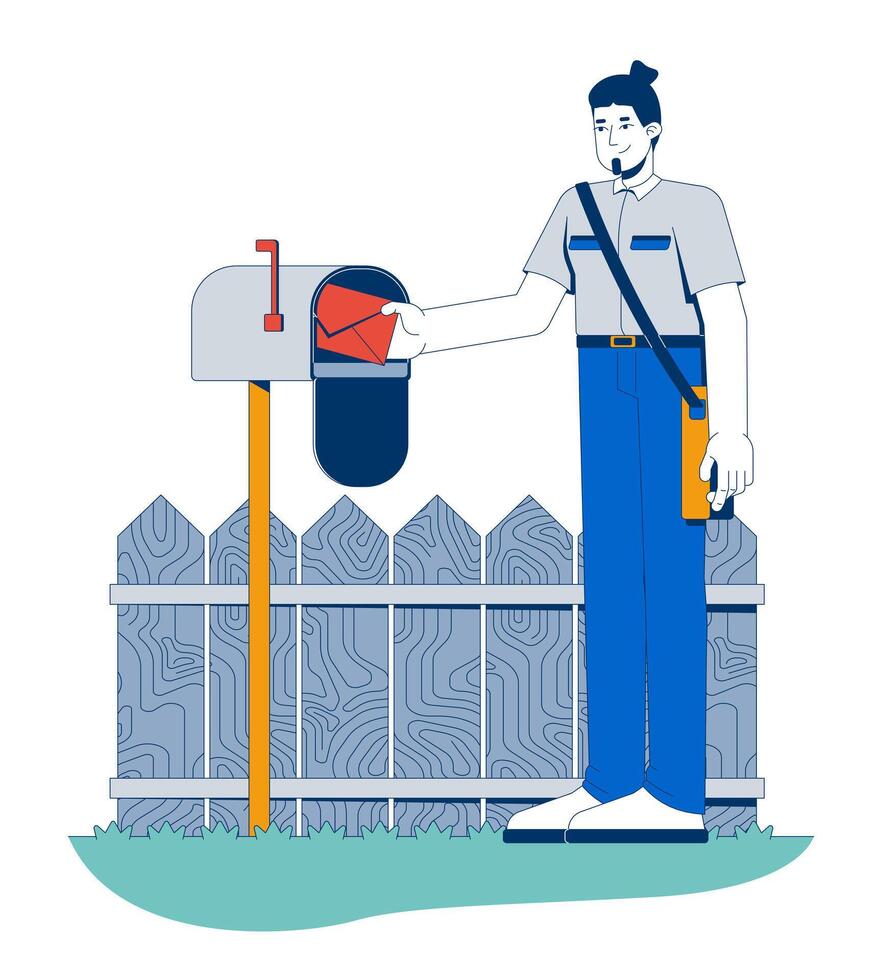 Mail carrier delivering letter to mailbox 2D illustration. Caucasian male postal worker courier. Postman holding envelope flat character isolated on white background. Colorful cartoon image vector