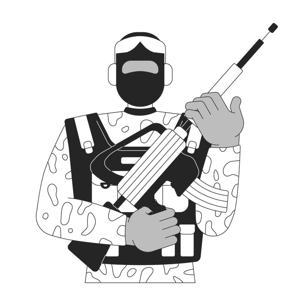 Armed soldier in camouflage uniform 2D line character. African american military man in tactical gear, holding combat rifle isolated ink outline person. Monochromatic spot illustration vector