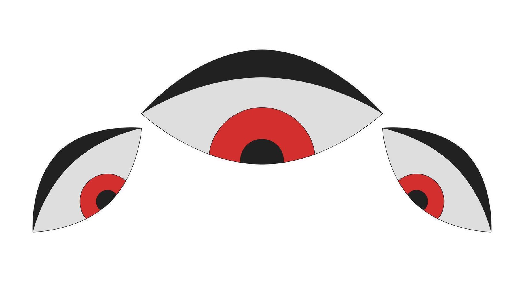Three stylized surveillance eyes watching 2D cartoon object. Big brother. Privacy concerns. Monitoring, observation. Looking gaze isolated element flat clip art on white. Spot illustration vector