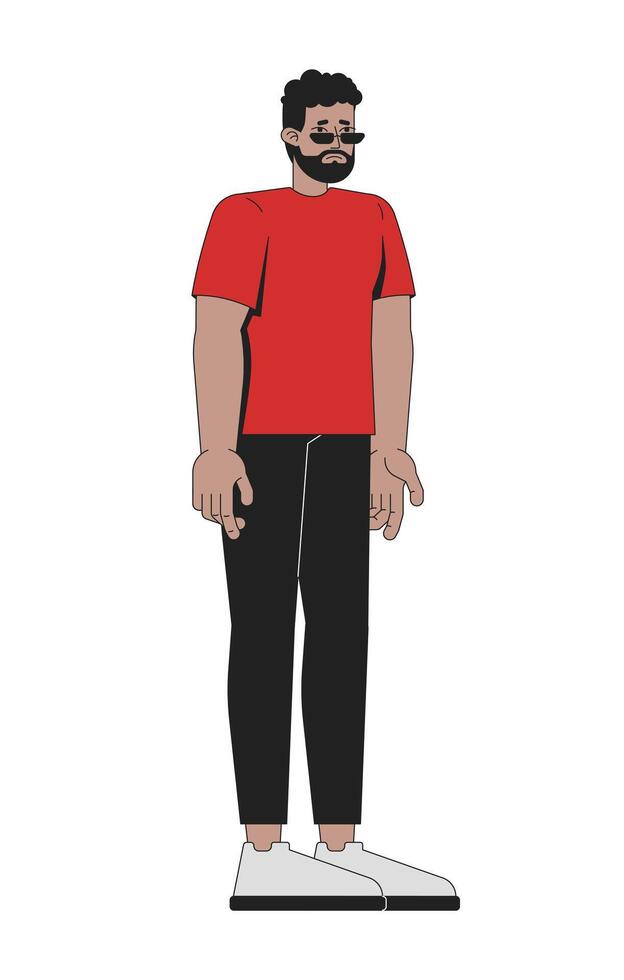Concerned black man with beard and sunglasses in casual wear 2D cartoon character. Stress reaction. Unhappy mood. Ordinary citizen flat person isolated on white. Spot illustration colorful vector