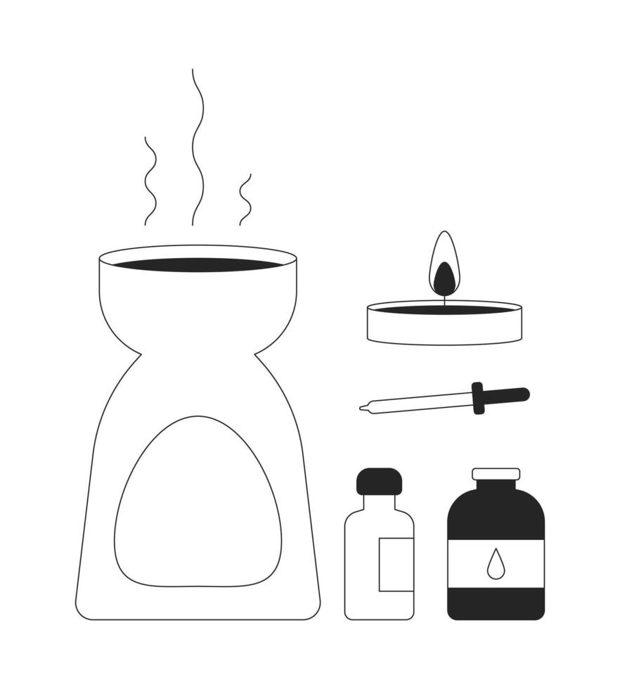 Aromatherapy essentials 2D line objects set. Oil burner, tealight candle, dropper, essential oil bottles isolated cliparts ink outline items. Monochrome spot illustrations collection vector
