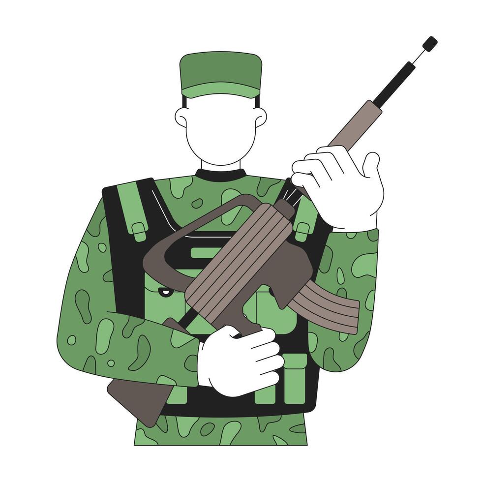 Faceless soldier in camouflage uniform holding military rifle 2D cartoon character. Warfighter stance. Tactical gear army personnel flat person isolated on white. Spot illustration colorful vector