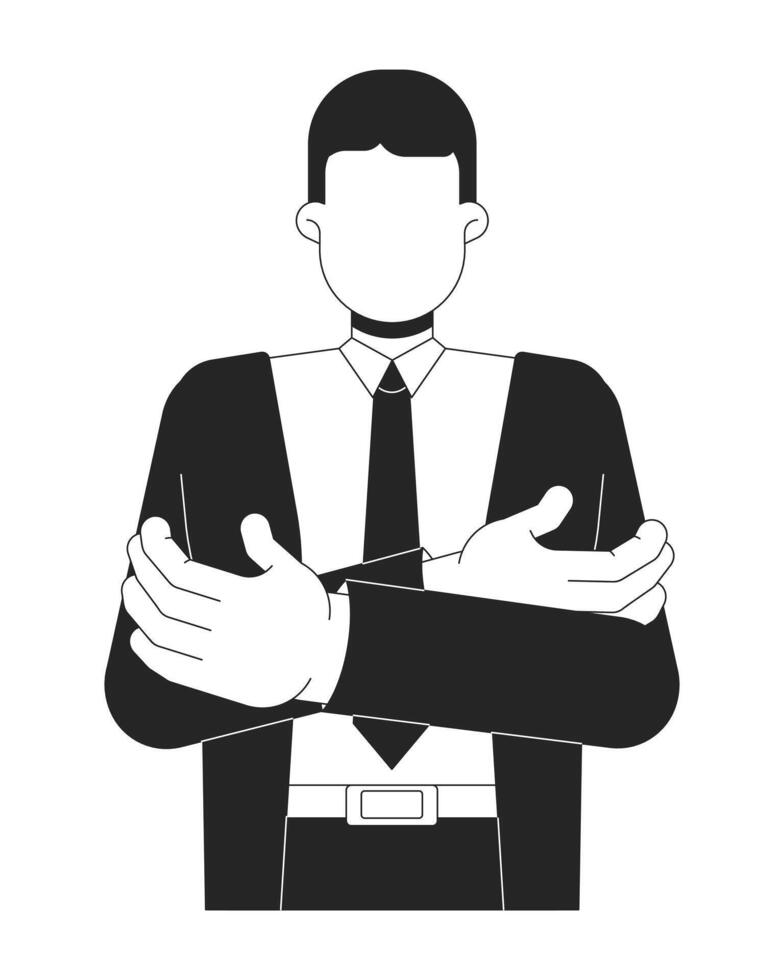 Faceless black hair businessman with arms crossed 2D line character. Executive figure. Authority business. Corporate leader man isolated ink outline person. Monochromatic spot illustration vector