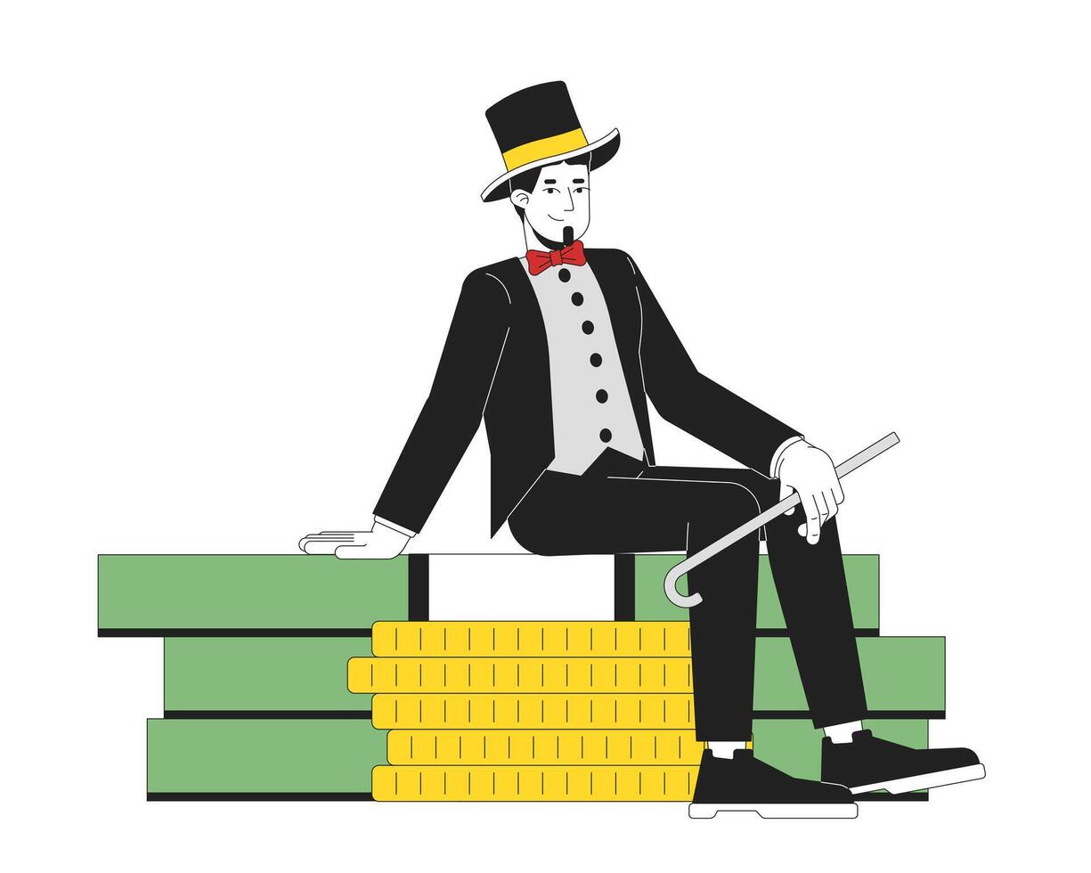 Wealthy man in tuxedo and top hat sitting on money stack 2D cartoon character. Male capitalist holding cane on cash gold coins flat person isolated on white. Spot illustration colorful vector