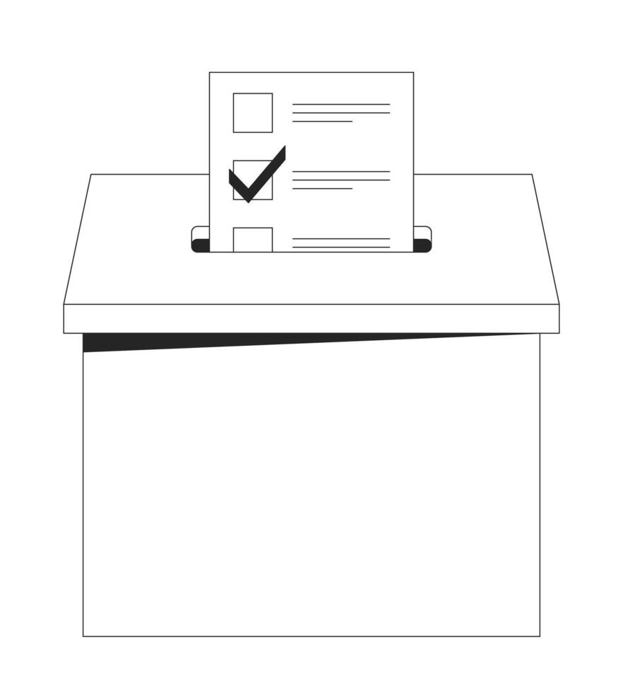 Voting sheet inserted into ballot box 2D line object. Democratic election. Civic responsibility. Voter participation checkbox isolated clipart ink outline item. Monochrome spot illustration vector