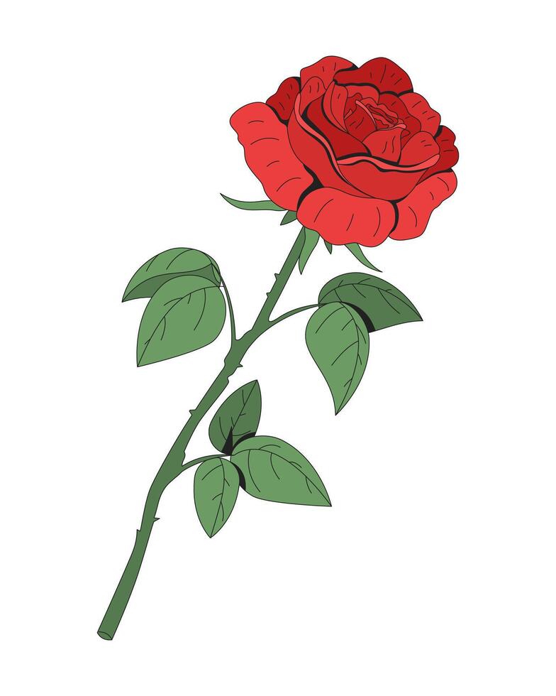 Single red rose with long stem and green leaves 2D cartoon object. Love, romance. Floral bloom. Valentine symbol. Romantic flower isolated element flat clip art on white. Spot illustration vector