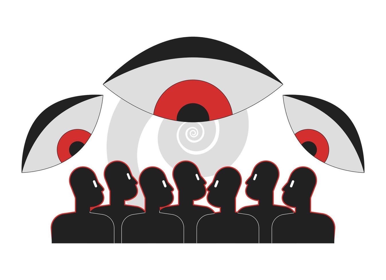 Surveillance and control in dictatorship 2D illustration concept. Dystopian society. Big brother all-seeing eyes over citizens cartoon characters isolated on white. Flat abstract graphic vector