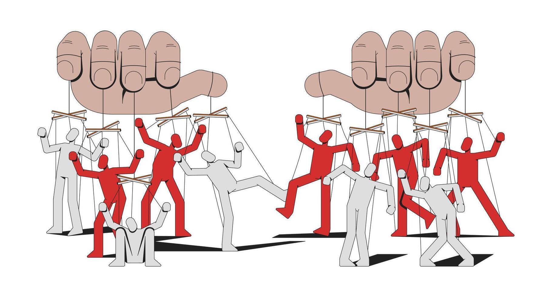 Totalitarianism manipulation with puppets strings 2D illustration concept. Psychological propaganda. Puppeteer controlling people cartoon characters isolated on white. Flat abstract graphic vector
