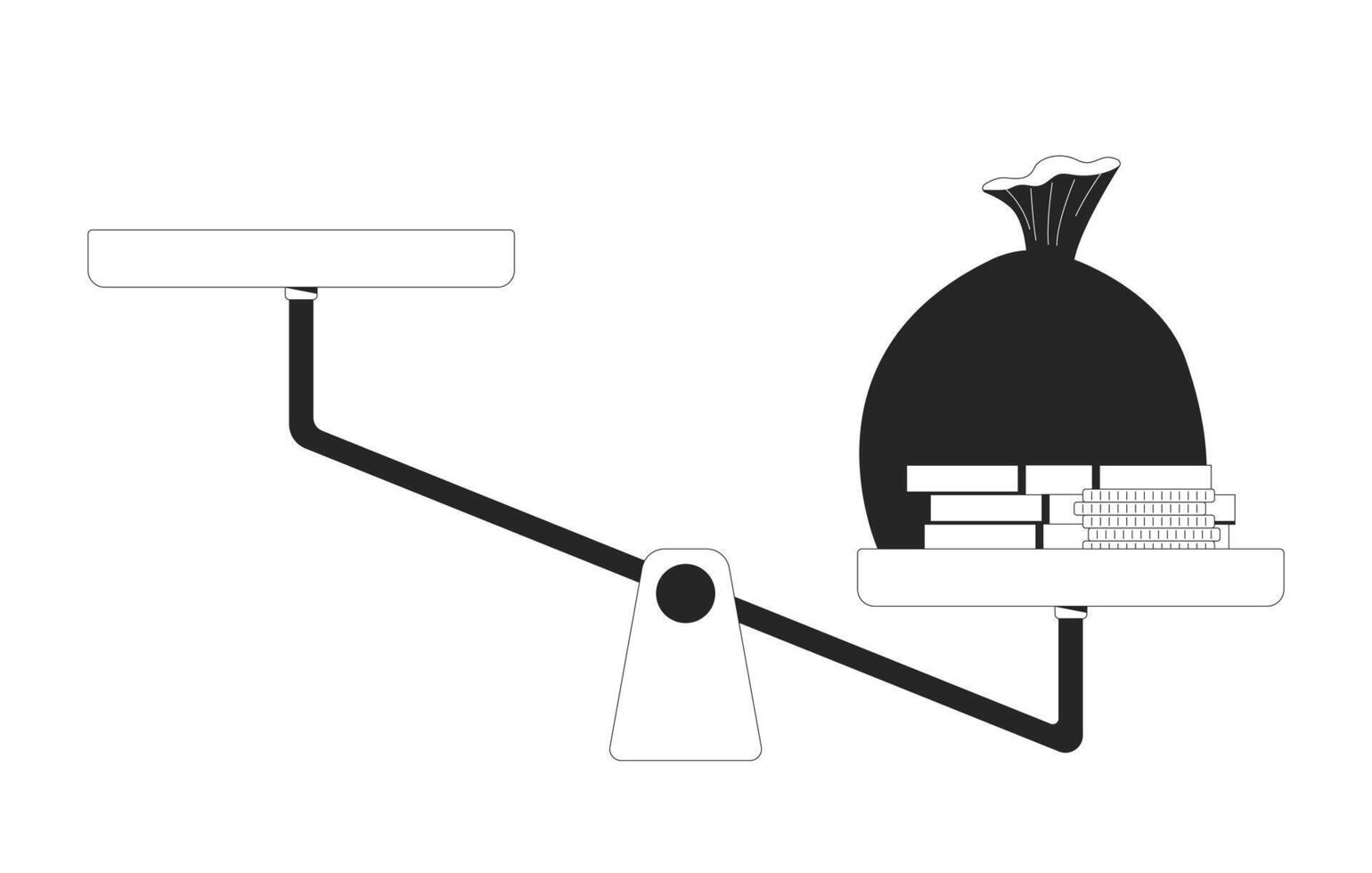 Money bag on tilted balance scale 2D line object. Wealth inequality. Financial disparity. Cash stacks coins weighing down isolated clipart ink outline item. Monochrome spot illustration vector