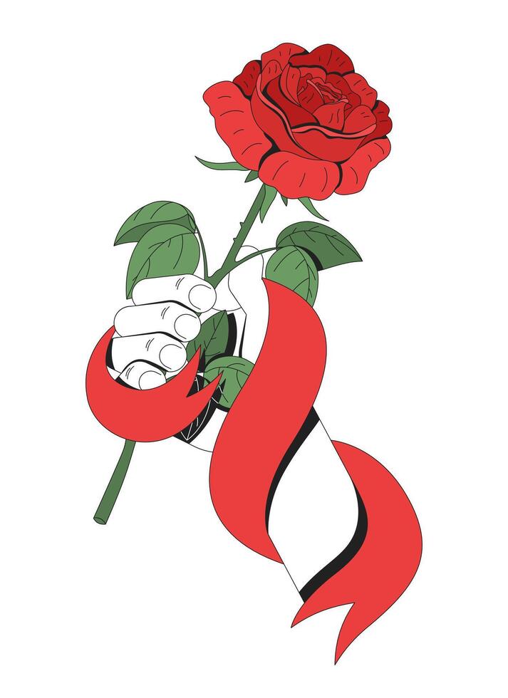 Symbol of social democracy and labor movement 2D illustration concept. Worker solidarity. Hand holding red rose in ribbon cartoon composition isolated on white. Flat abstract graphic vector