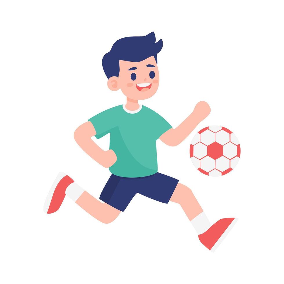 Happy young boy running and playing soccer with red and white football ball vector