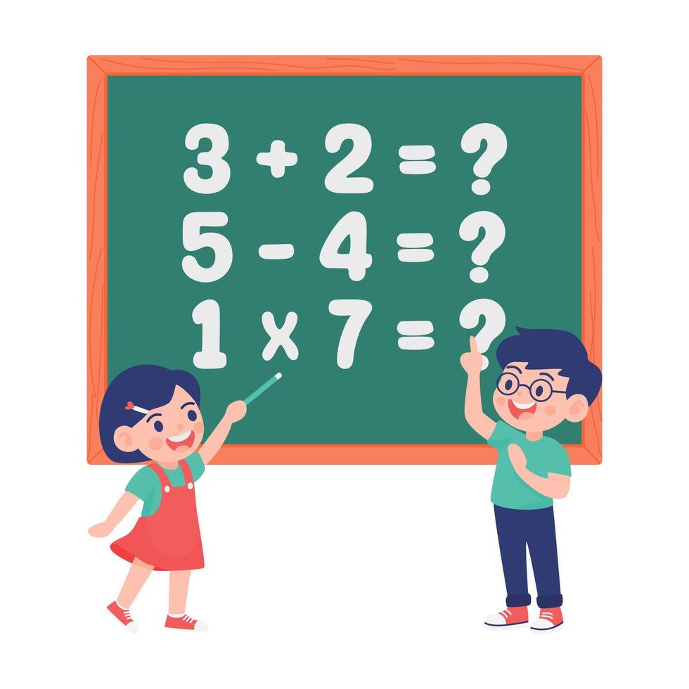 Happy children learning basic math operations on classroom chalkboard with fun interaction vector