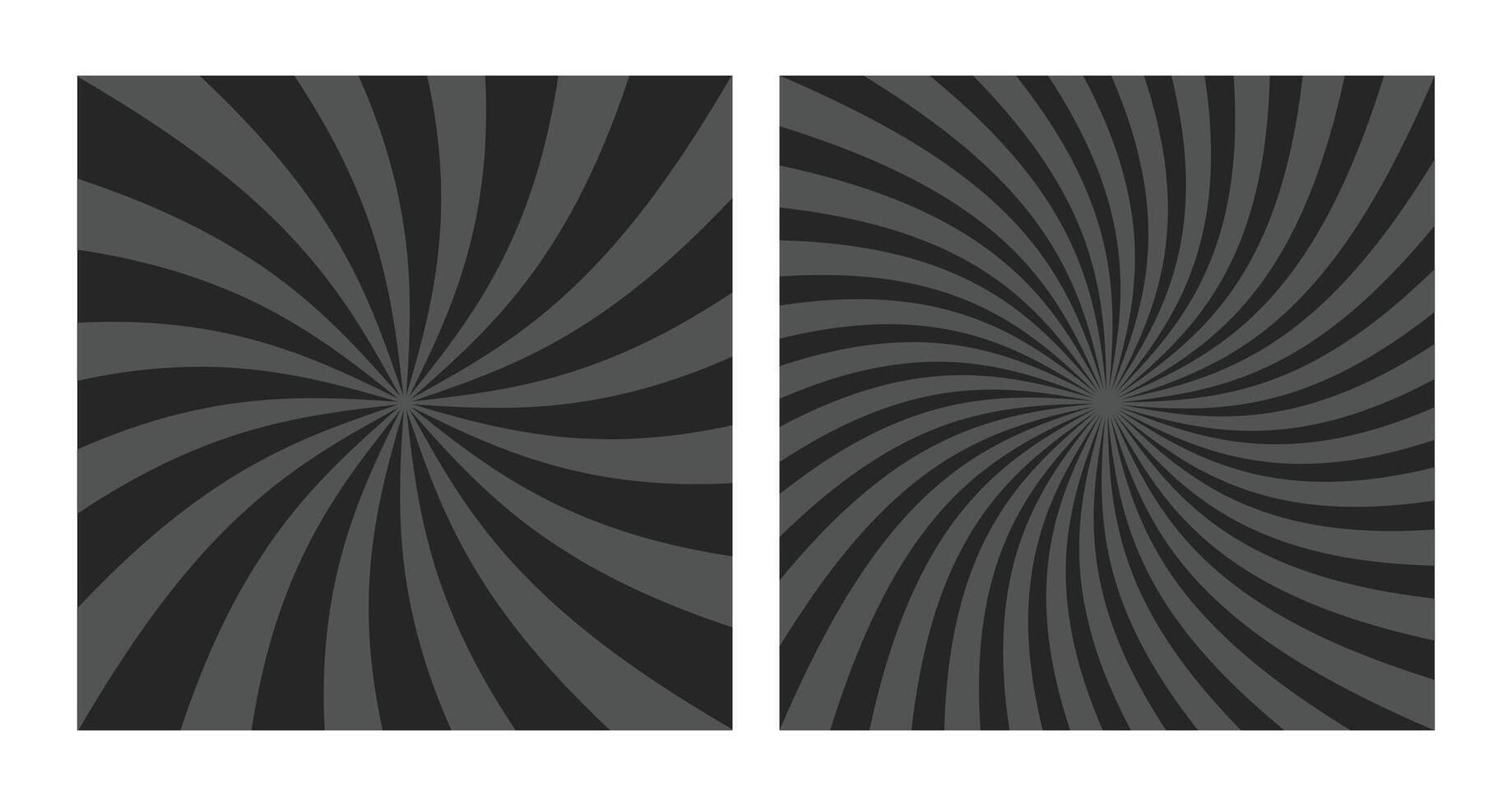 A set of two Gray Spirals on a Black Background, Creating a Hypnotic Visual Effect. Square Posters with Black Grey Swirls, Retro Inspired Grunge Sun Bursts, Perfect for Design Projects vector