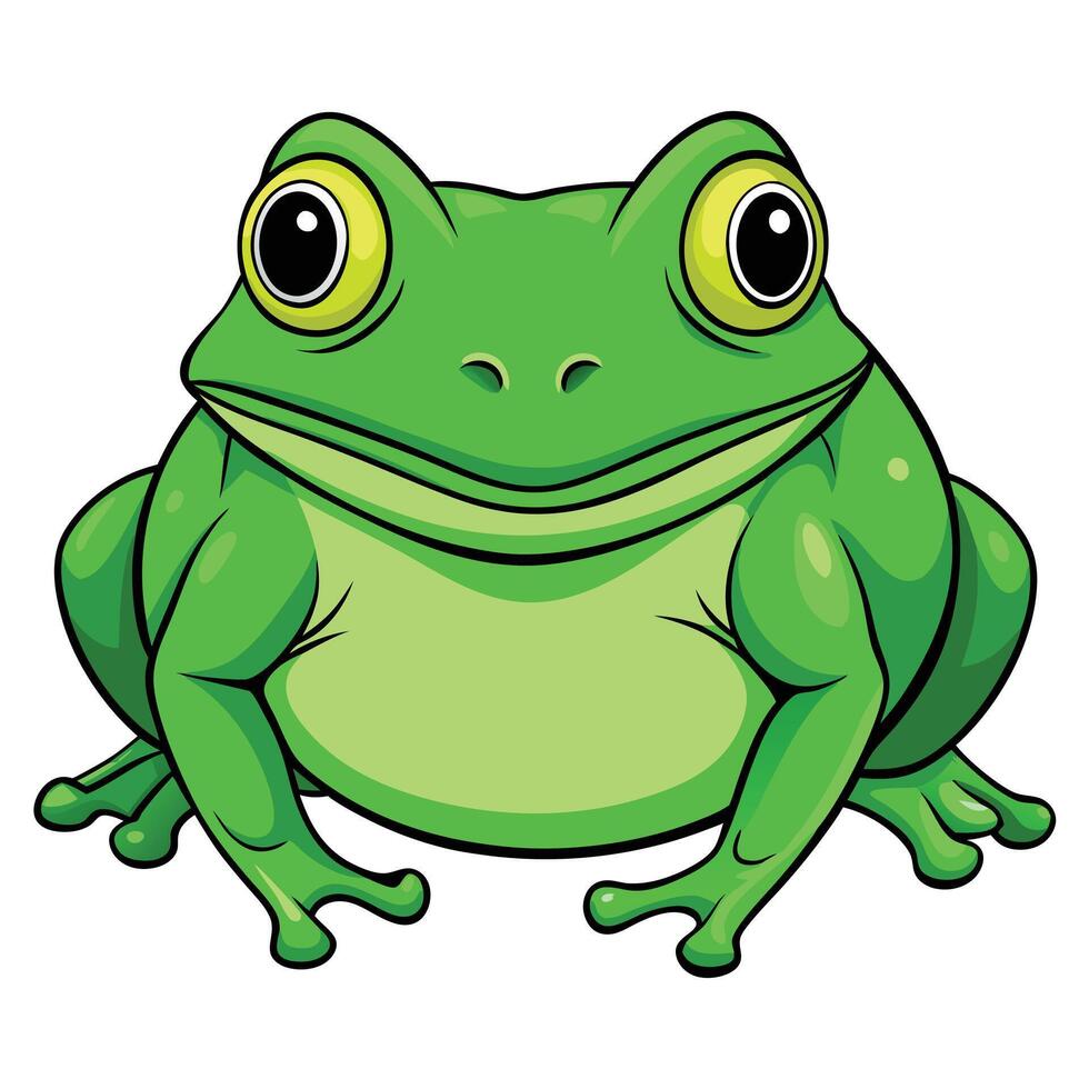 A Happy Green Cartoon Frog Sitting on White Background Illustration vector