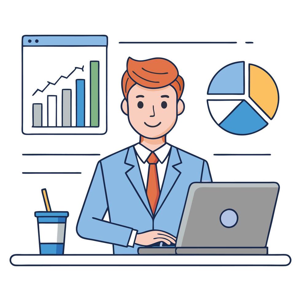 Businessman working on laptop with charts and graphs showing growth and progress vector