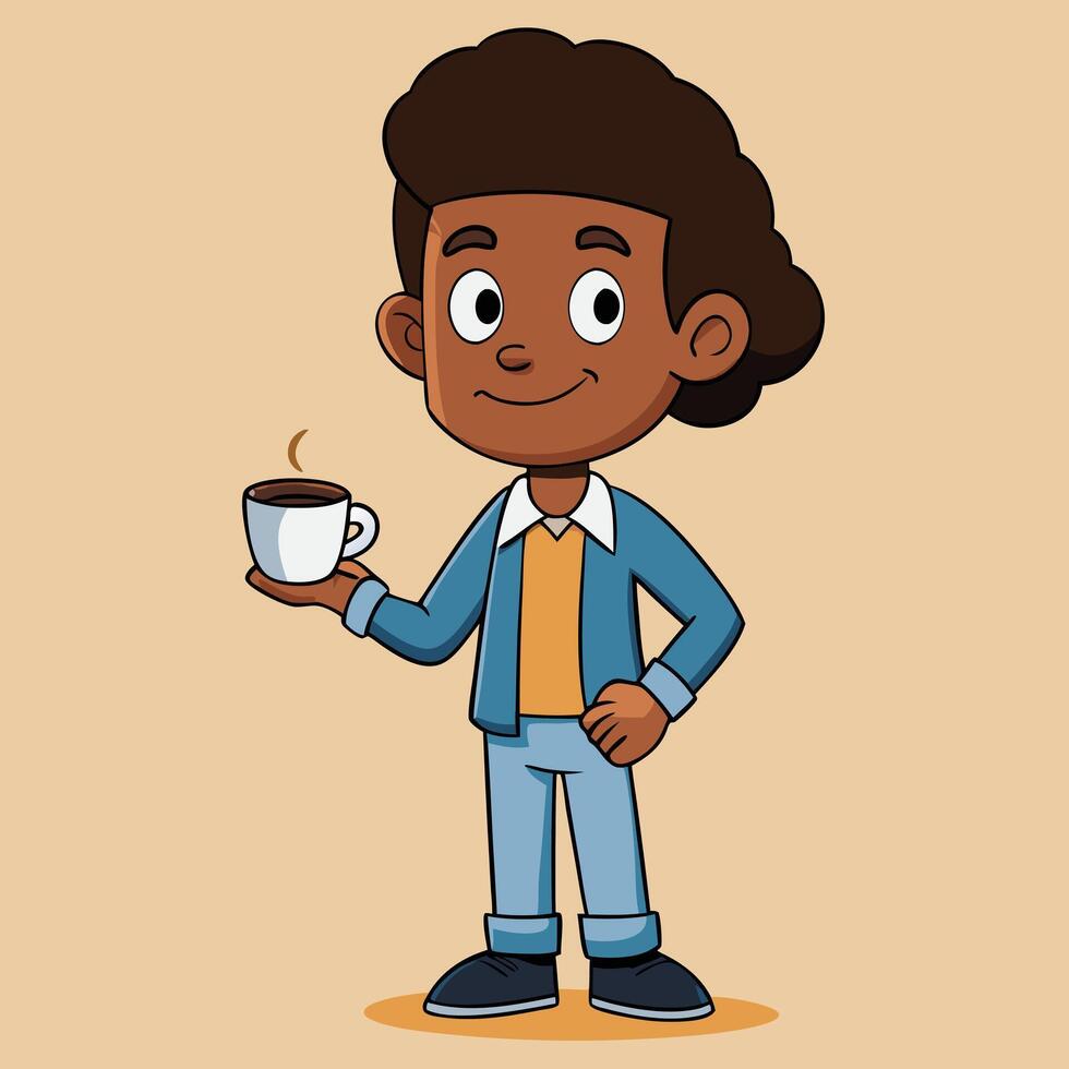A Happy Young Black Boy Holding a Cup of Coffee Cartoon Illustration vector