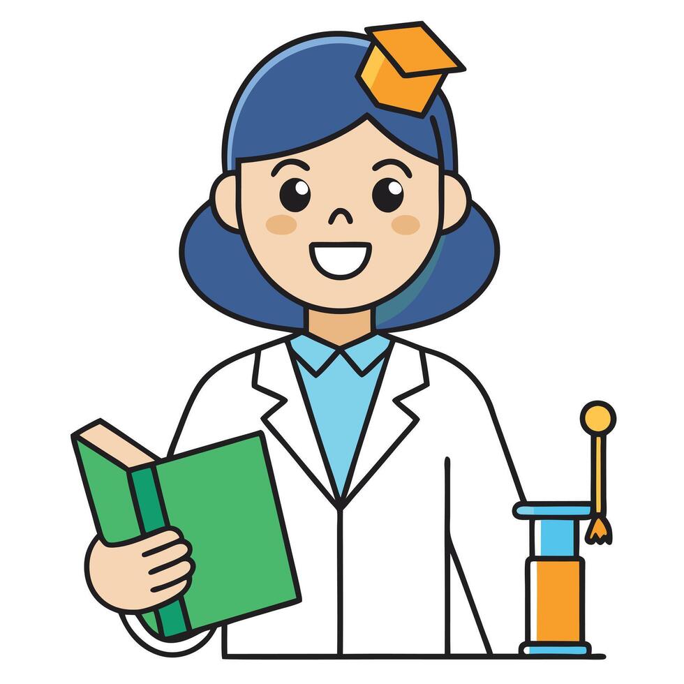 Smiling Female Scientist Holding a Book and Laboratory Equipment vector