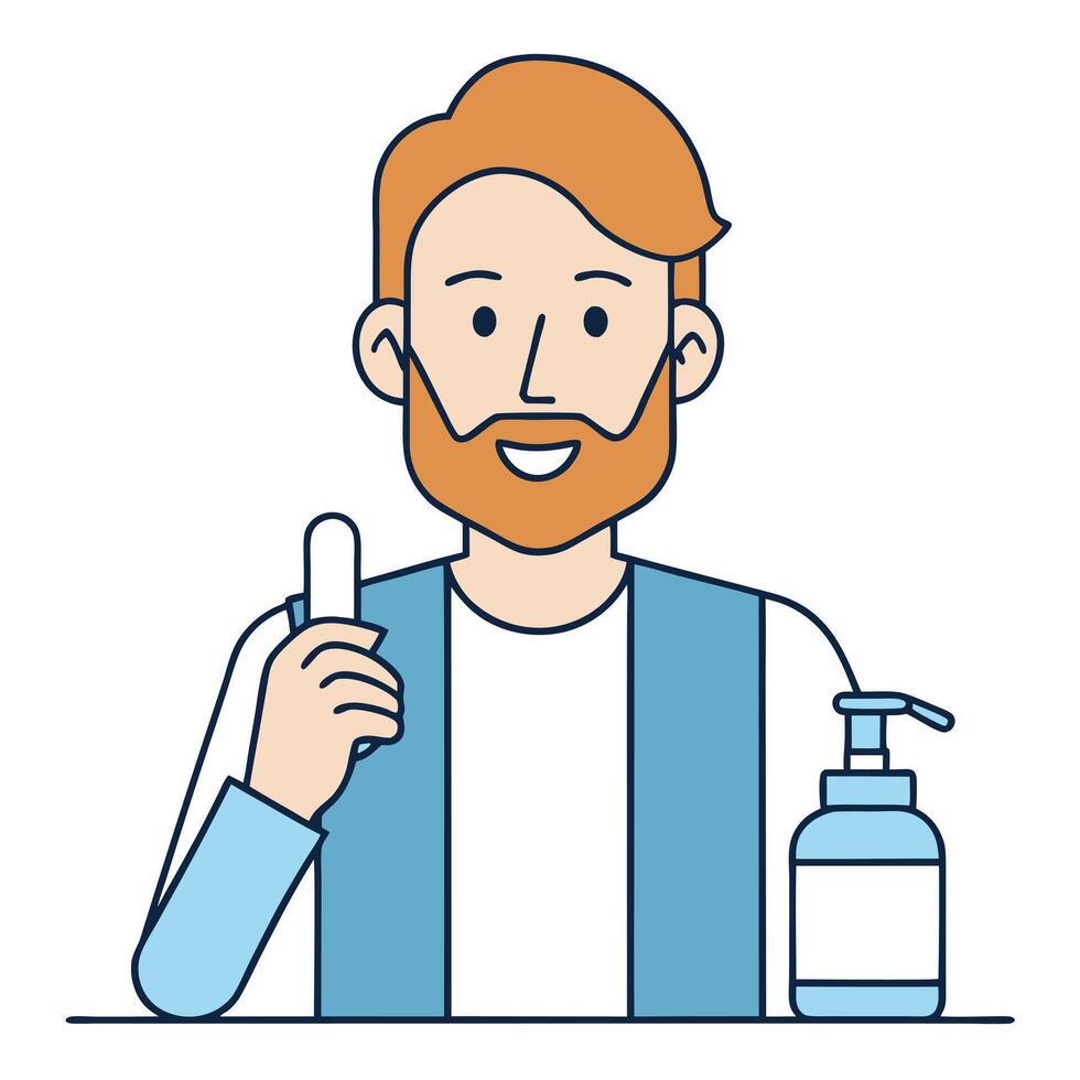 Happy man with beard showing thumb up recommending hand sanitizer vector