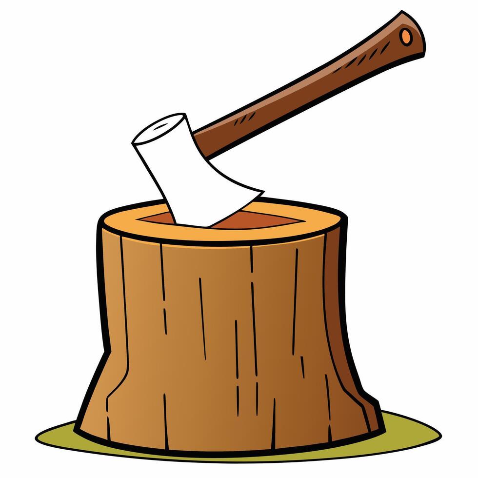 A Cartoon Illustration of an Axe Stuck in a Tree Stump vector