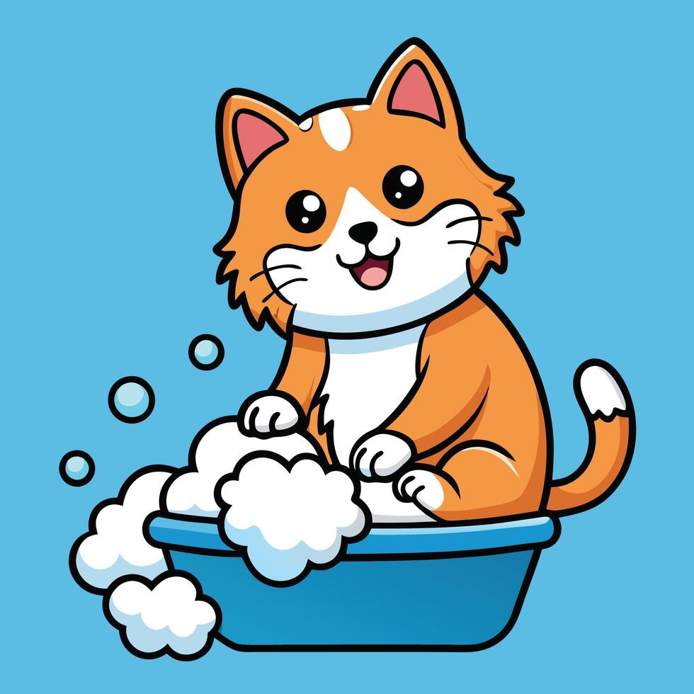 Adorable Orange Tabby Kitten Enjoying a Bubbly Bath in a Blue Tub vector