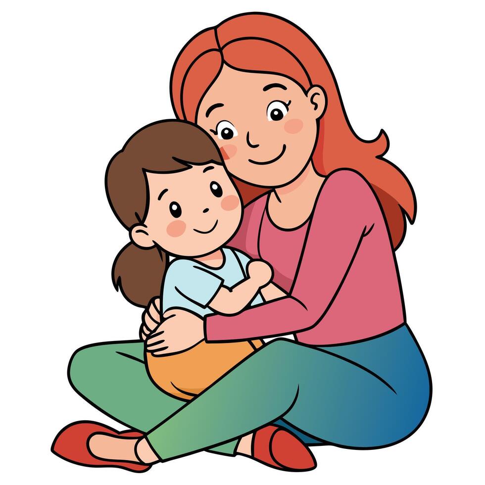 A heartwarming illustration of a mother lovingly embracing her young daughter sitting together vector