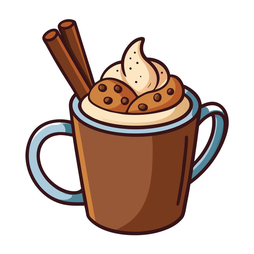 Delicious Hot Chocolate with Whipped Cream and Chocolate Chip Cookies Topped with Cinnamon Sticks vector