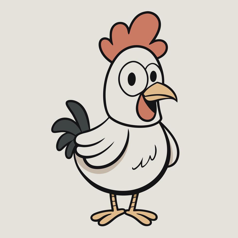 A Happy Cartoon Chicken Illustration Featuring a White Hen with a Red Comb and Black Tail Feathers vector