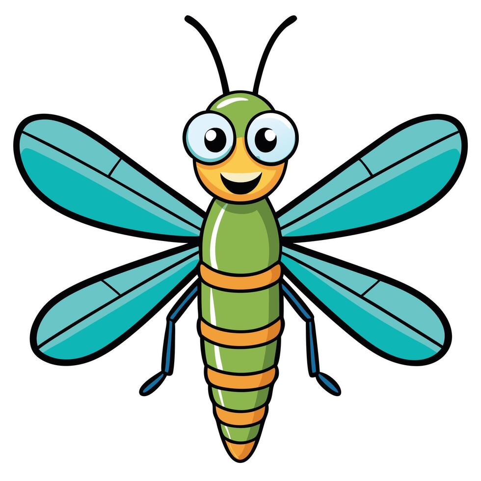 A Cheerful Cartoon Dragonfly Illustration with Vibrant Green and Teal Colors vector