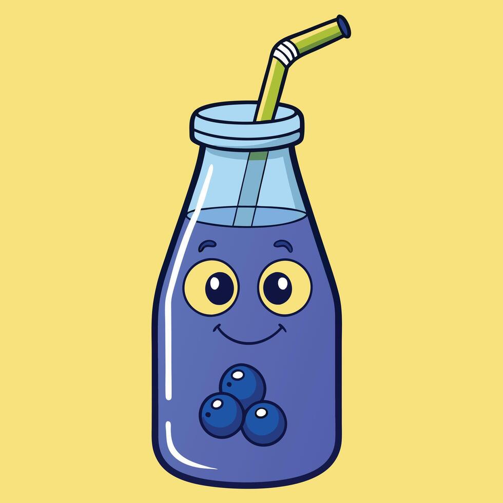 Adorable Cartoon Blueberry Juice Bottle with Straw Happy Face and Three Blueberries vector