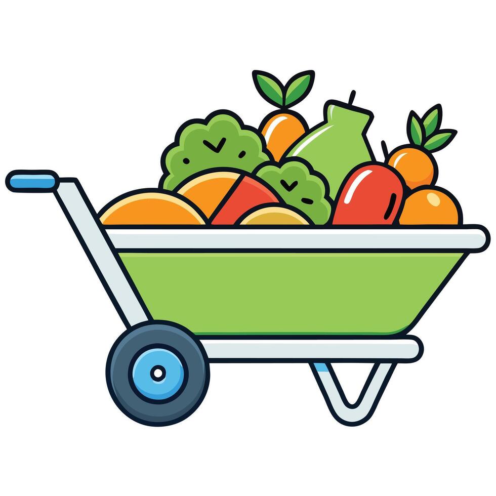 A Green Wheelbarrow Full of Fresh Fruits and Vegetables from the Garden vector