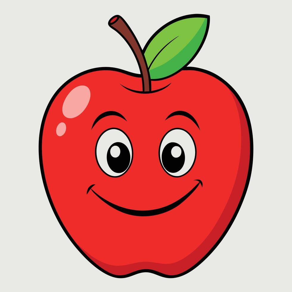 A Happy Red Apple Cartoon Character Illustration Featuring a Smiling Face and Green Leaf vector