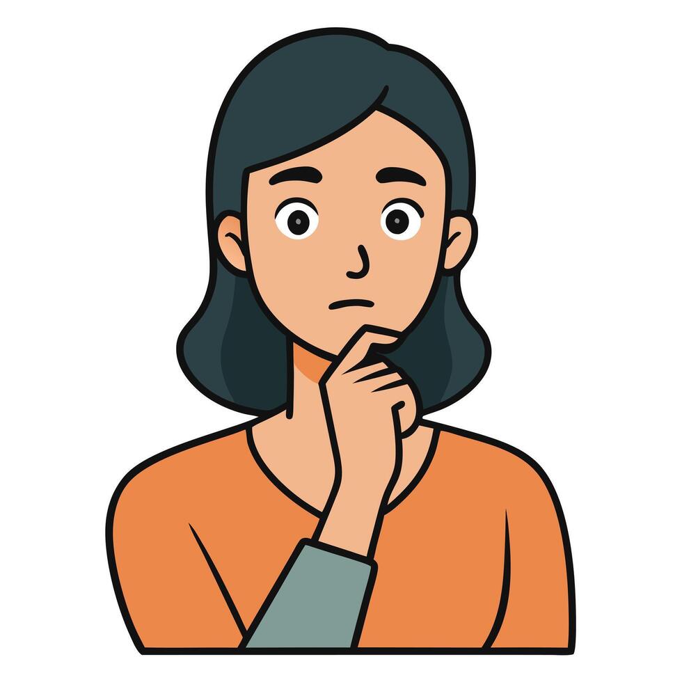 A thoughtful young woman with dark hair is pondering a decision or problem, hand on chin, showing deep consideration and contemplation vector