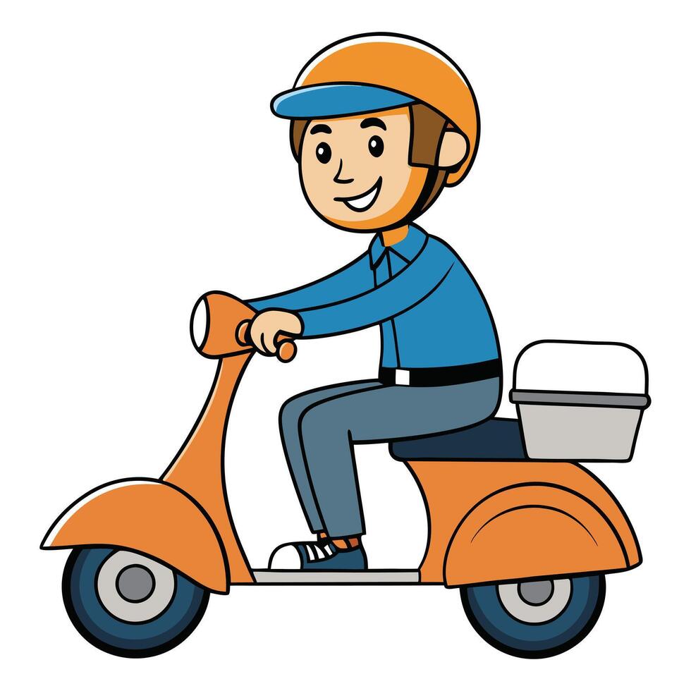 Happy Delivery Person Riding an Orange Scooter with a Delivery Box vector
