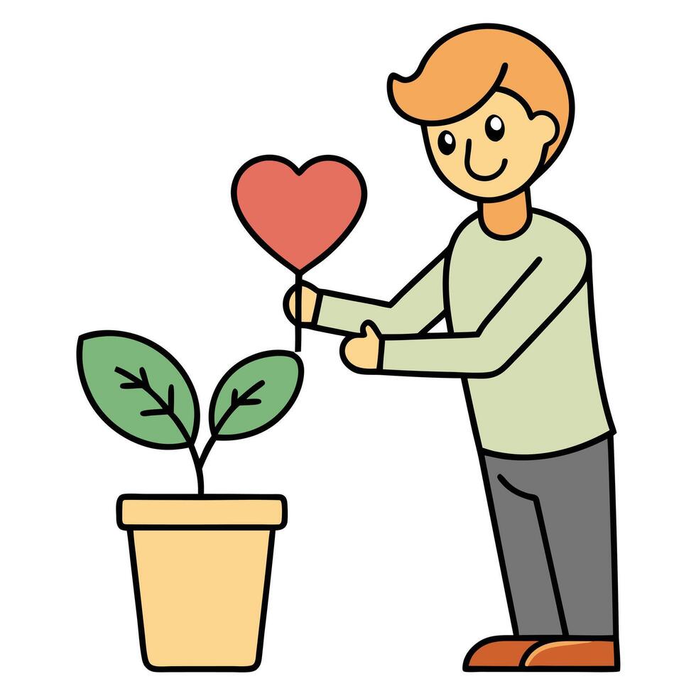 A Happy Person Giving a HeartShaped Flower to a Growing Plant in a Pot vector