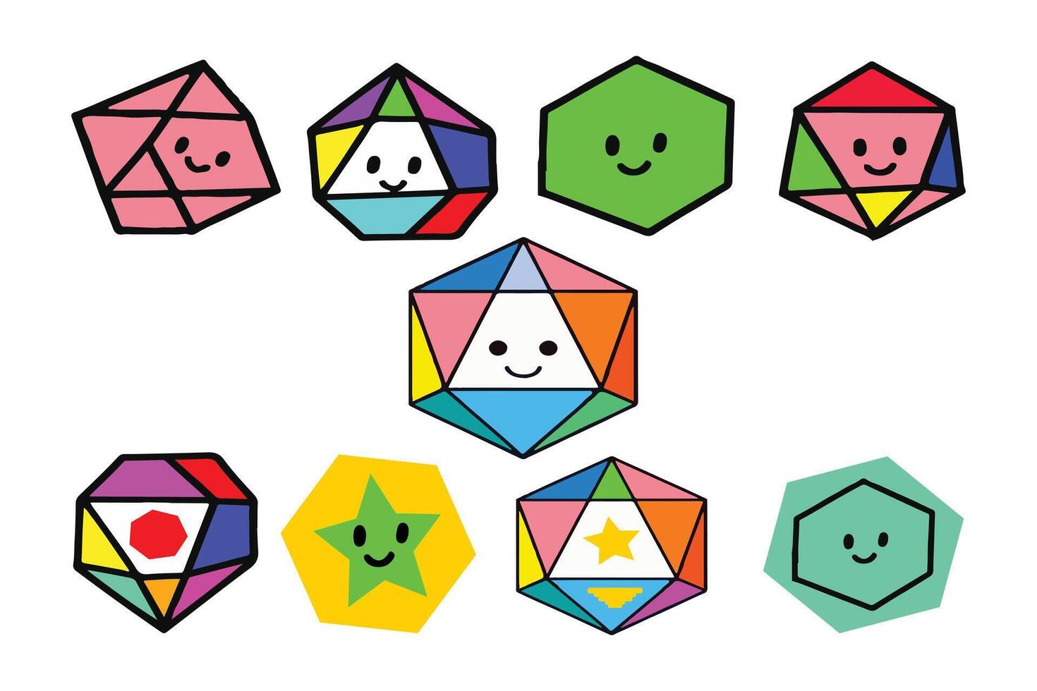Cute Geometric Faces for Kids and Fun Designs. A collection of colorful polygon characters perfect for stickers, prints, cartoons, and educational projects. vector