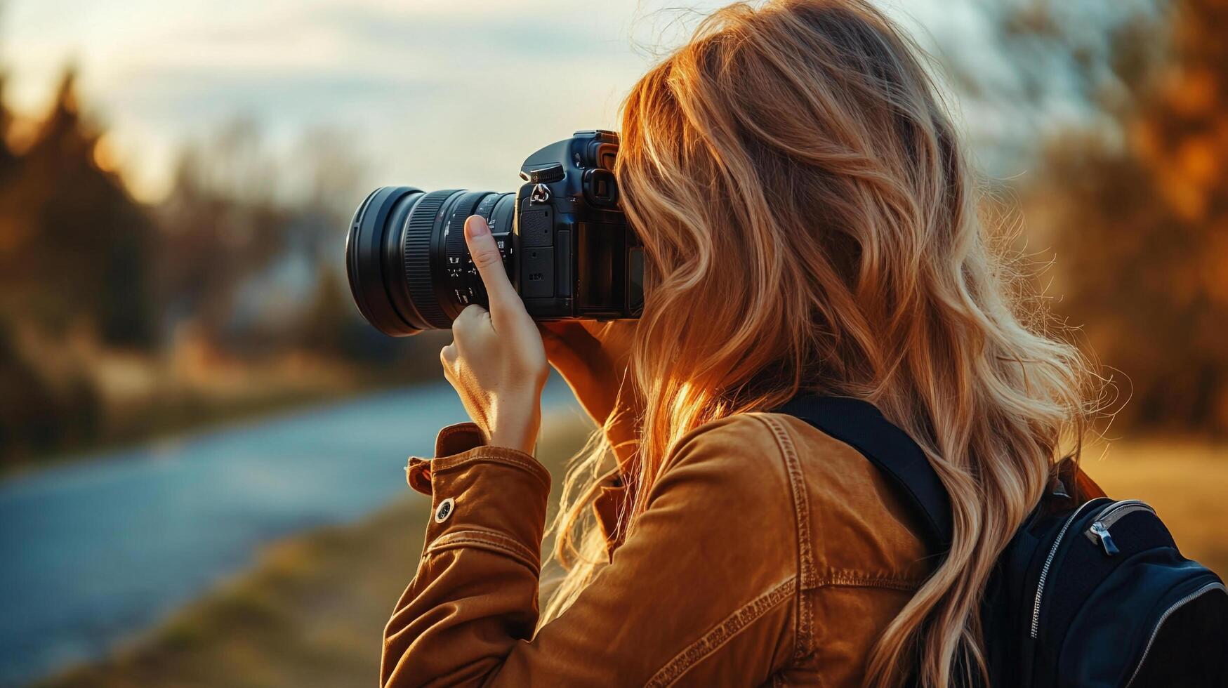 Female photographer capturing nature's beauty with a professional camera in a scenic outdoor environment. Focus on artistry and the moment. photo