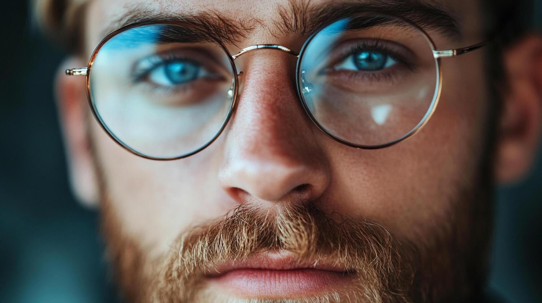 Close-up portrait of a man with striking blue eyes and wearing round eyeglasses, showcasing facial hair and emphasizing eye color. photo