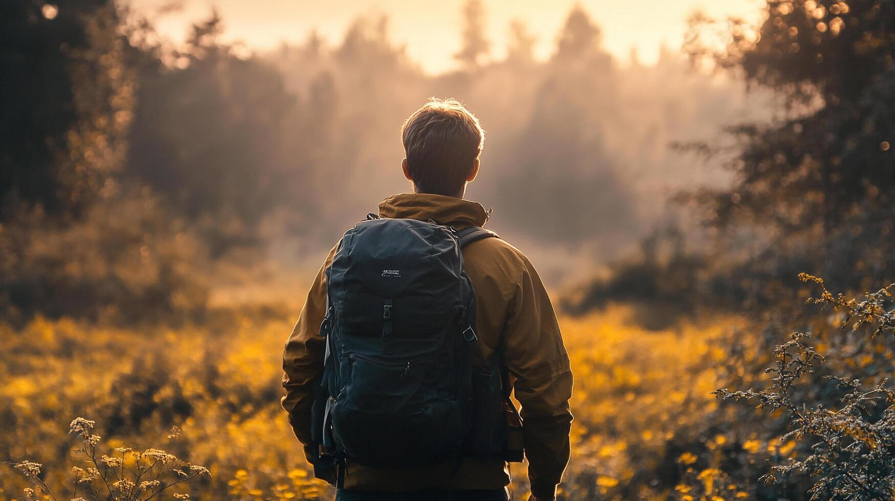A lone hiker ventures into the golden wilderness, backpack on, towards the sunlit forest. A serene outdoor adventure. photo
