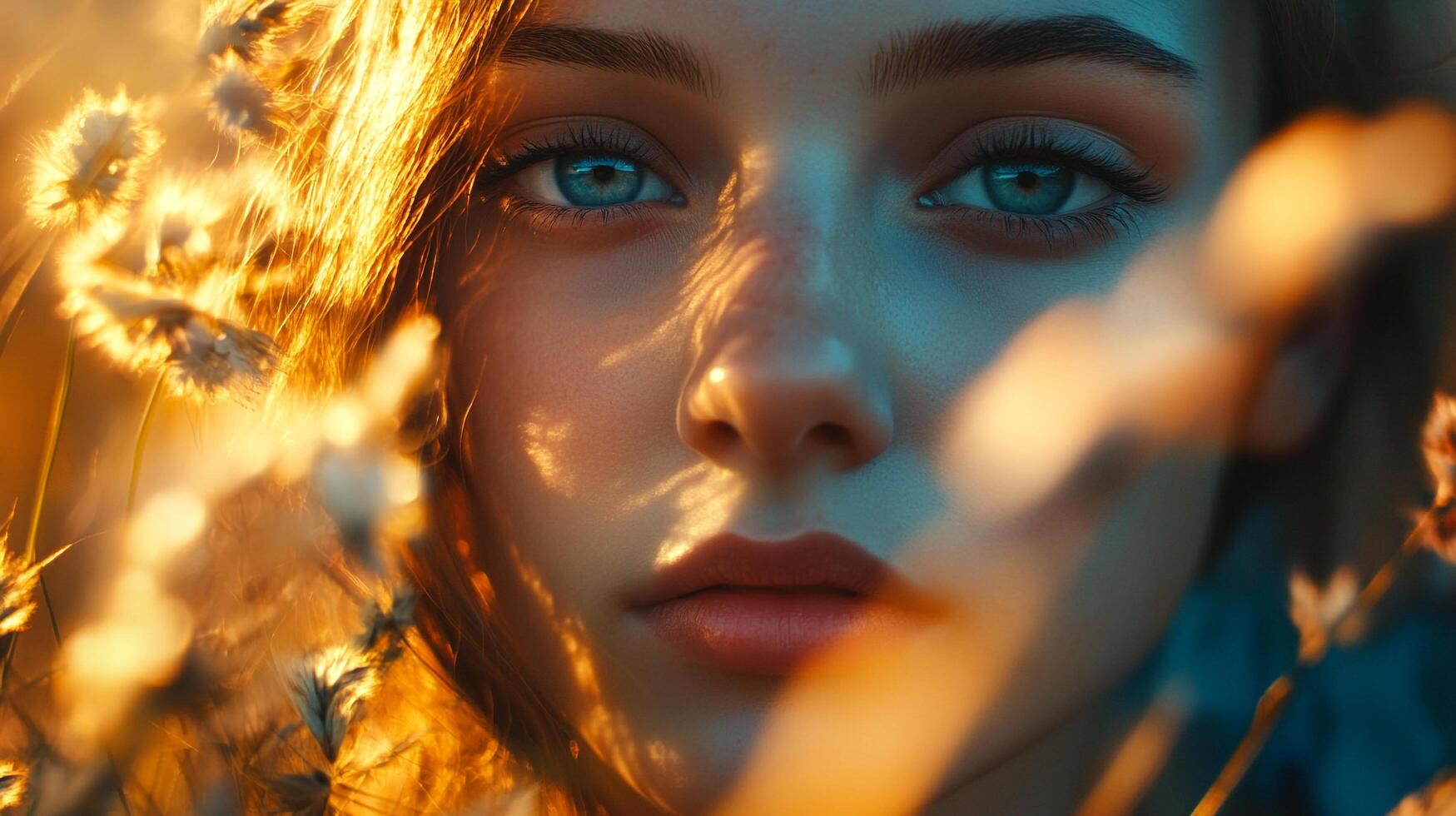 A mesmerizing portrait of a woman with striking blue eyes, bathed in warm sunlight and framed by delicate flowers. Serene and captivating. photo