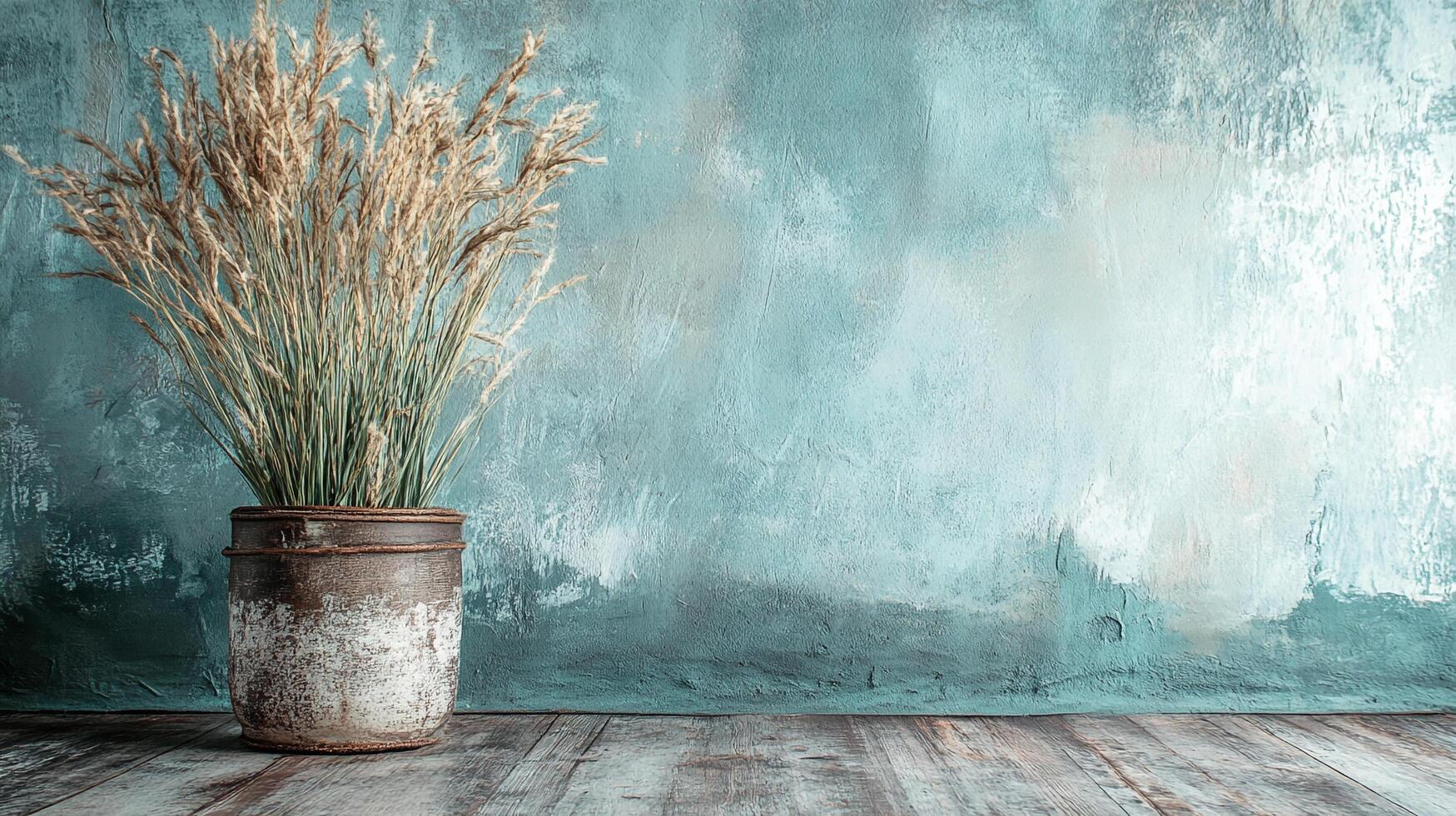 Still life with dried grass arrangement in weathered metal container. Rustic charm and textured background create a calming ambiance. photo