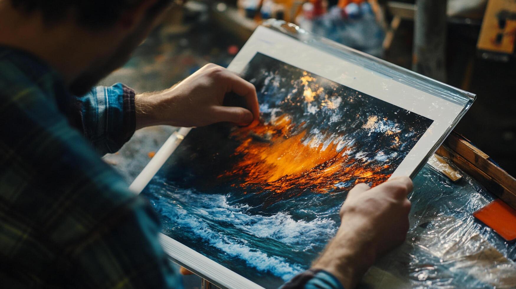 An artist examines a vivid artwork depicting the dynamic interplay of fire and water, showcasing intense colors and powerful imagery. photo