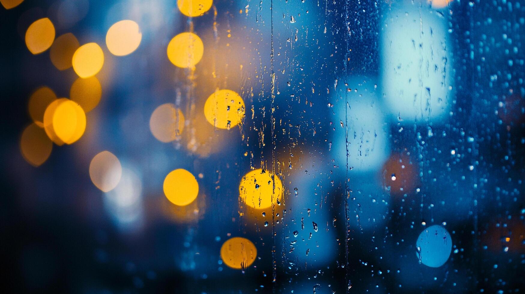 Rain-streaked window blurs city lights, creating an atmospheric dance of golden bokeh against a deep blue backdrop, capturing rainy night mood. photo